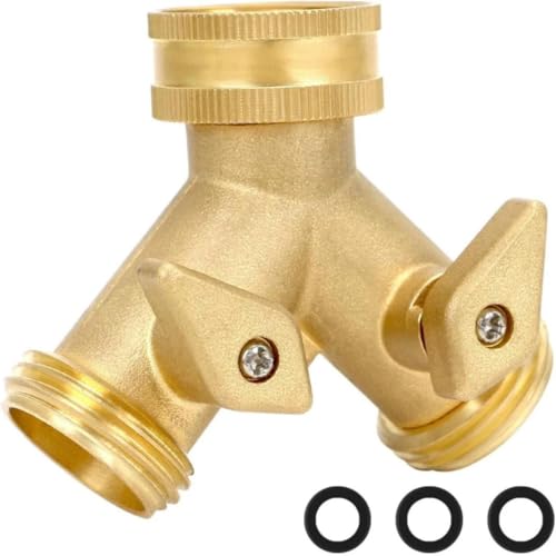 Garden Hose Splitter 2 Way Heavy Duty, Solid Brass 2-Way, Heavy Duty Y Valve Connector with 3 Washers, Leak Proof Outdoor Faucet Adapter for Dual Water Flow, Rust Resistant Spigot Splitter (Gold)