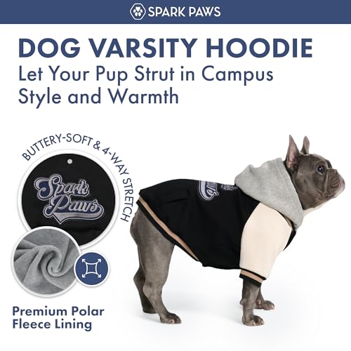 Image of Spark Paws Varsity Dog Hoodie - Premium Dog Sweater for Small, Medium, and Large Dogs | Warm Clothes for Pets, Winter Jacket Alternative - Black - M