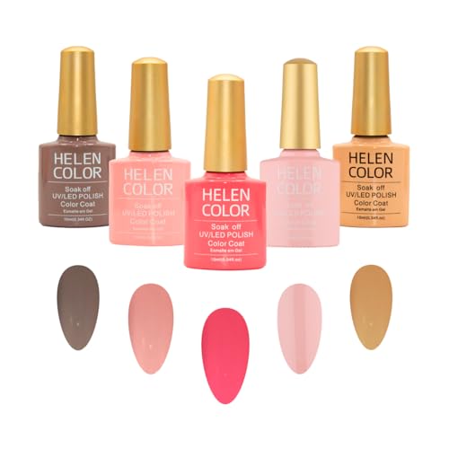 HELEN COLOR Kit Esmalte em Gel UV/LED, 5 Cores Nude e Rosa, Soak Off, 10ml cada, Para Unhas Manicure