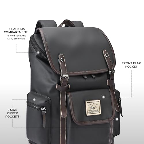 Image of Gear Classic 16.5 inch /21L Medium Water Resistant Faux Leather Anti Theft Knapsack | Laptop Bag | Casual Bag | Travel Bag for Men /Women (Black - Brown)