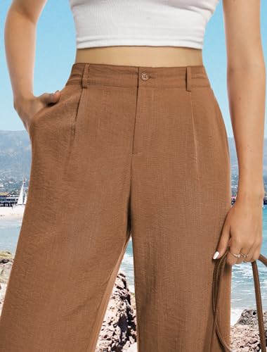 Image of Feiersi Womens Casual Wide Leg Pants High Waisted Button Down Straight Long Trousers Palazzo Pants