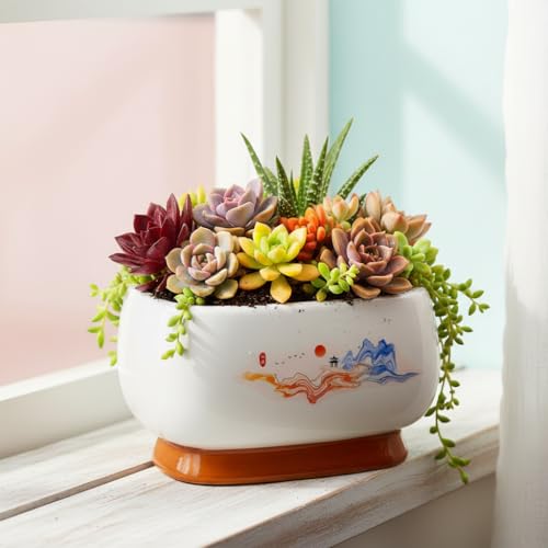 Image of Xtore Graceful Landscape Ceramic Planter Bowl for Home & Office Decor | Hand-Painted Glazed Flower Pot for Living Room, Balcony, Tabletop & Shelf Styling (Green, 19.3cm x 13cm)