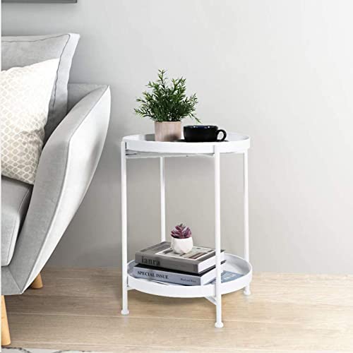 Image of End Table,Folding Metal Side Table Coffee Table Sofa Side Table for Living Room Bedroom Balcony and Office (Colour-White-2)
