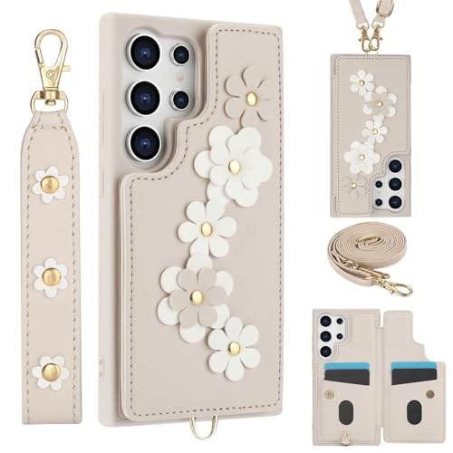 Étui portefeuille en cuir Blanc Riz avec dragonne pour Samsung Galaxy A54 5G et S24 Plus