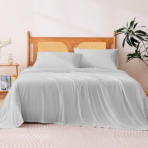 Amazon Basics Cooling Sheets, 4-Piece Bed Sheet Set for Summer, Soft and Breathable for Hot Sleepers, Bedding with 1 Deep Pocket Fitted Sheet, 1 Flat Sheet, and 2 Pillowcases, Queen, Gray