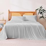 Amazon Basics Cooling Sheets, 4 Piece 100% Recycled Polyester Bed Sheet Set for Hot Sleepers, Breathable, 15-Inch Deep Pocket, Queen, Gray