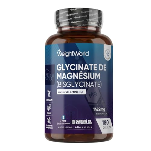 Magnesium Bisglycinate + Vitamine B6, 1422mg - 180 Gélules Vegan pour 3 Mois - le Magnésium Contribue à Réduire la Fatigue & l'Épuisement (EFSA) - sans OGM, sans Gluten - 2 Gélules par Jour