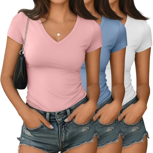 Huukeay 3 Pack Women's Deep V Neck Shirts Short Sleeve Slim Fitted Tops Basic Ca