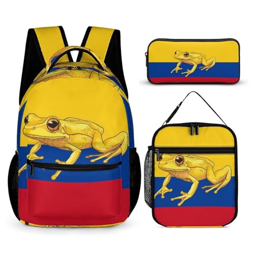 Colombian Flag Golden Poison Frog Backpack Shoulder Bags Lunch Bag Pencil Case Box 3 Set Daypack Cute