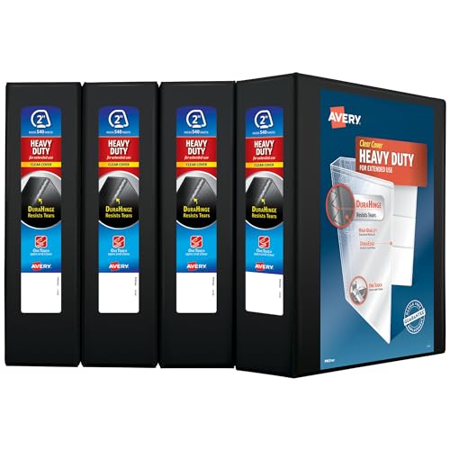 Image of Avery Heavy-Duty View 3 Ring Binder, 2 inch One Touch Slant Rings, Holds 8.5 inch x 11 inch Paper, 4 Black Binders (79872)