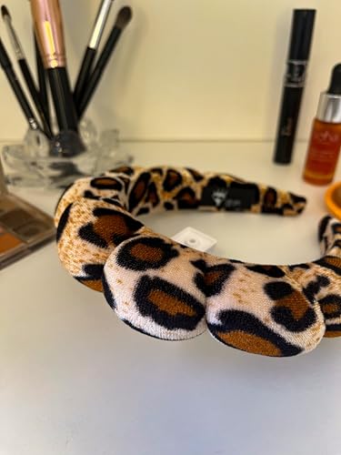 Bottega della Principessa-Cerchietto in Velluto Bombato-Cerchietto Skin Care virale Tik Tok per Beauty routine, Trucco, Spa-con astuccio in organza (Leopardato1, 1 unità (Confezione da 1))