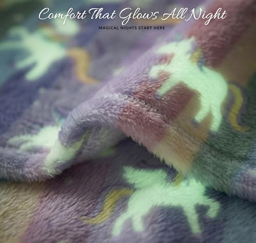 Image of BSB HOME Glow in The Dark Kids Blanket Single Bed Size, Soft Fleece Luminous Bed Throw, Cozy Lightweight Blanket for Boys & Girls (60 x 90 in / 152 x 229 cm) (Unicorn Print - Red Blue & Lavander)