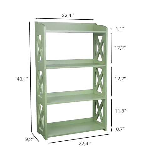 Image of Green Bookcase by Natural Wood, 4 Tier Bookshelf, Small Book Shelves Freestanding Display Storage Shelves. Open Bookshelf for Bedroom, Living Room and Office (Green, 4 Tier)
