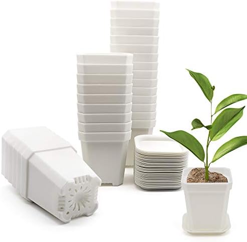 foxany 30 Pcs 3" Nursery Pot, Thick Plastic Square Flower Planting Pots, Plant Seedling Pots, 30 Seed Starting Pots with 30 Saucers - White