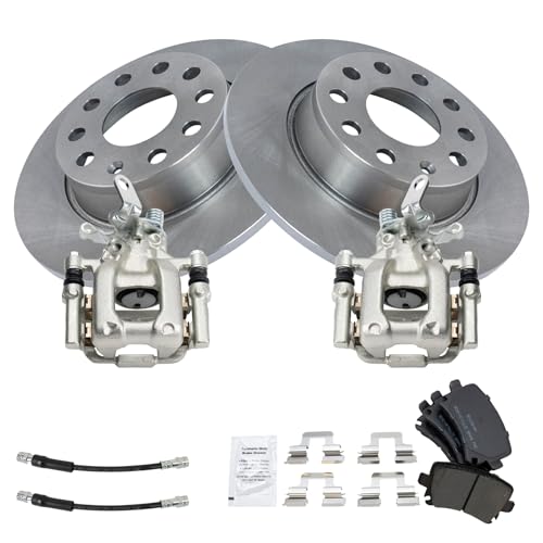 Image of TRQ Rear Brake Pad and Rotor Set Semi Metallic Rotors Calipers Compatible with 2010 Volkswagen Jetta