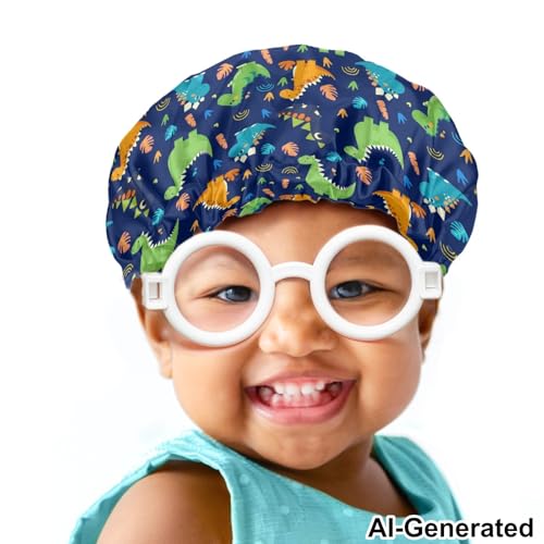 Image of Kids Satin Bonnet for Sleeping Cap with Elastic Wide Band Head Hair Cover, Cute Dinosaur Blue Night Sleep Caps Indoor Elastic Sleeping Beanie Headwear Night Hat for Toddler Baby