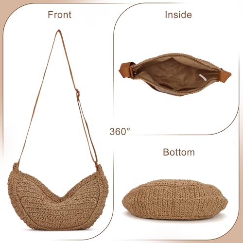 Image of Straw Crossbody Bag for Women, Summer Beach Woven Purses Hobo Dumpling Bag Casual Shoulder Bag Crochet Purse