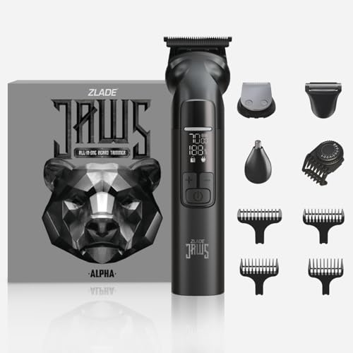 Image of Zlade Jaws Alpha All-In-One Beard Trimmer for Men, 1200 mAh powerful battery with 150min runtime, USB C Ultra Fast Charging, IPX7 Waterproof full Washable Aluminium Body | 0mm to 10mm Precision Cutting | Smart Travel Lock and Digital Display with 3 Power Modes (Grey)