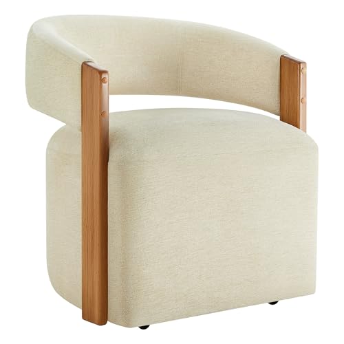 Image of KISLOT Upholstered Dining Chairs Set of 1, Modern Rolling Dining Chairs with Hidden Casters, Wooden Arm Kitchen Chairs with Linen Look Fabric, Padded Barrel Chairs for Dining Room, Kitchen, Sand