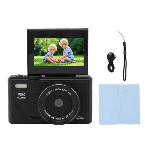 Cámara Digital de 5k, Cámara de Vlogging de 75MP, con Zoom de 18x, Pantalla de Flip de 3 Pulgadas, Cámara Compacta HD, para Fotografía de Viaje (Black)