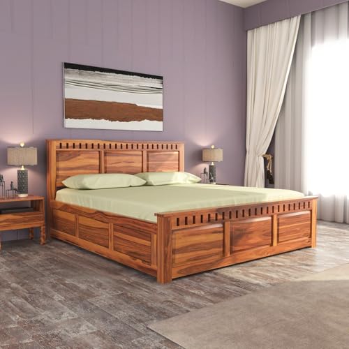 Image of Sheesham Wood King Size Bed with Storage Box | Wooden Box Bed King Size Double Cot Bed with Storage for Bedroom | Premium Kuber Dalla Design Headboard Bed for Hotel, Home | Honey Finish