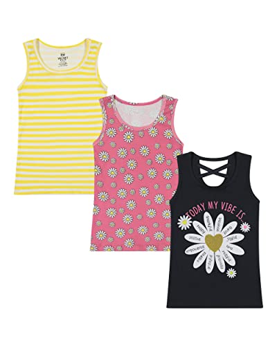 Pink Velvet Girls Tank Tops - Printed Sleeveless Cotton Cami- Pack Of Three For Little And Big Girls 4 And Up (6X, Daisy, Yellow Striped, Black,) #TOP11