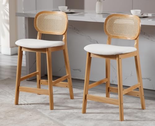 EALSON Juego de 2 taburetes de bar con respaldo de ratán, sillas de bar modernas de madera de mediados de siglo, cómodas sillas de isla de cocina tapizadas de lino para pub/barra de desayuno, beige