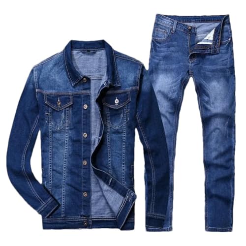 Men's Denim Suit - Slim Fit, Casual Men Blue Jean Set Warm Coat - Loose Two Piece Jean Outfit Adjustable Size