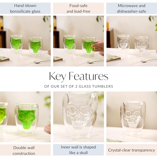 Image of Nestasia Skull Shaped Double-Walled Glass Tumblers Set of 2 (250ml) | Microwave & Dishwasher Safe | Stylish Glasses for Cocktails, Parties, Margaritas