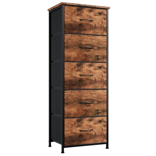 Image of Somdot Tall Dresser for Bedroom with 5 Drawers, Storage Organizer Chest of Drawers with Removable Fabric Bins for Closet Bedside Nursery Laundry Living Room Entryway Hallway, Wood Grain Print