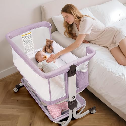Image of MOMFANN Baby Bassinet Bedside Sleeper, Upgraded Stability Bedside Crib with Full Mesh Sides, Soft Sheet, 6-Height Adjustment, Storage Basket, Easy Folding Portable Bassinet for Newborns,Pinkish Purple