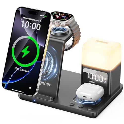 Cargador iPhone Carga Rapida, Cargador Inalambrico iPhone con Lámpara lámpara de Noche y Despertador, Estacion de Carga Apple17 16 15 14 13 12, Apple Watch Series 10, AirPods（Negro）