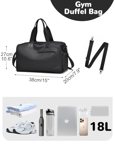 18L Waterproof Gym Duffel Bag with Shoe Compartment & Wet Pocket for Men Women, Small Personal Item Travel Bag, Black2