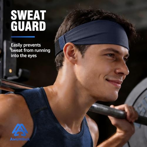 Image of AWUMBUK Sports Headbands for Men, Sweat Bands Headbands Men Absorbent Head Band Stretchy Sweatbands 5 Pack Hair Band Workout Football Running Cycling Fitness (Dark Blue)
