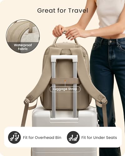 Image of LOVEVOOK Laptop Backpack for Women with Giant Tumbler Holder Pocket, 15.6 inch Travel Work Backpack Purse for Teacher Nurse, Waterproof College Book Bag Casual Daypack, Beige-Khaki
