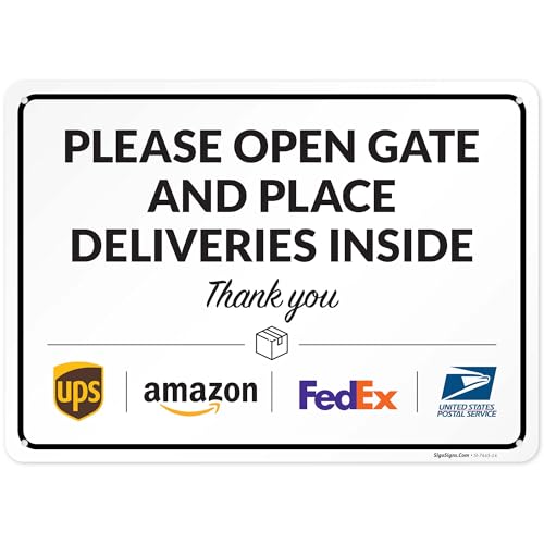Image of Package Delivery Sign, Delivery Instructions Open Gate and Leave Delivery Inside Sign, 10x14 Inches, Rust Free .040 Aluminum, Fade Resistant, Made in USA