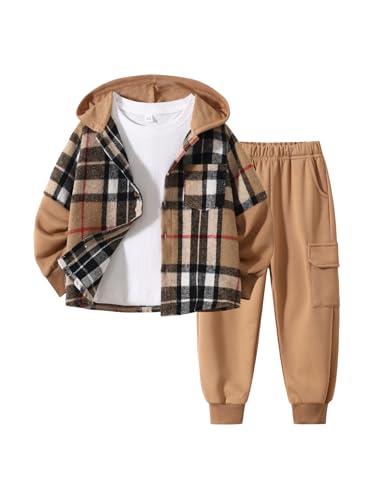 Image of 2Pcs Kids Boys Flannel Plaid Shirt Tops Pants Set Hoodie Sweatsuit for Fall Winter Spring Outfits 4-12 Years