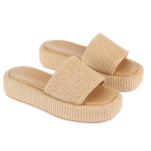 Image of Monrovia Platform Sandals Women Raffia Espadrille Slides, Woven Straw Flatform Beach Sandals Women, Slip On Summer Vacation Shoes, Comfortable Casual Daily Wear