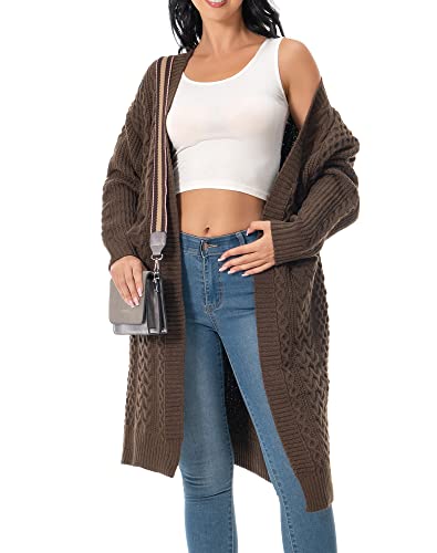 Shineflow Womens Long Sleeve Casual Cable Knit Long Cardigan Knee Length Open Front Sweater Outerwear with Pockets