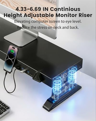 Image of Height Adjustable Dual Monitor Stand Riser with 6-Port USB Hub, Black | Fits Dual 27 inch Monitors, Charge & Sync Multiple Devices, Ergonomic Height, Solid Steel Material, Cable Management, Quick Setup
