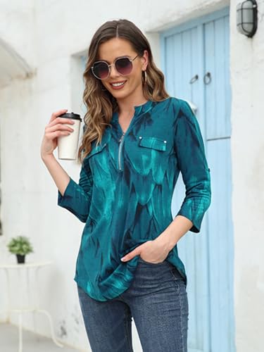 BEPEI Womens Floral 3/4 Sleeve Shirts Zip up V Neck Work Chiffon Blouses Top4