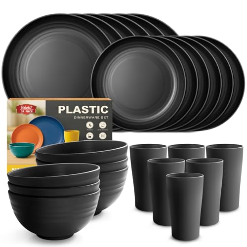 24 Pezzi Set Di Stoviglie Da Plastica Infrangibile, Per 6 Persone, Piatti, Ciotole, Tazze, Riutilizzabile, Set Di Piatti Da Campeggio e Picnic, Sicurezza Lavastoviglie, Nero