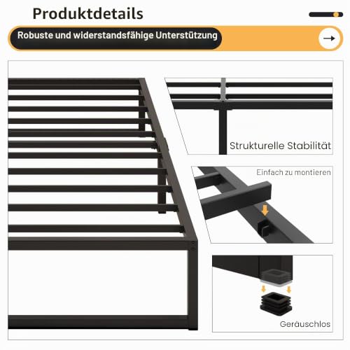 Yicensen Metallbett 160x190 cm mit Lattenrost, 36cm Höhe, Schwarz – Ansicht 4