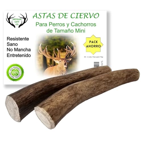 ARTISAN GIFT CO Asta de Ciervo para Perros, Masticables Naturales de Cuernos para Cachorros y Adultos. Peso Total Pack más de 70 gr.