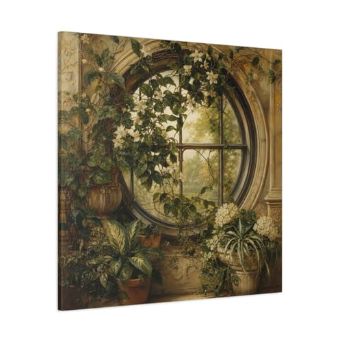 Toile Nature Flowering Window Green And Gold imprimée carrée 90x90 cm