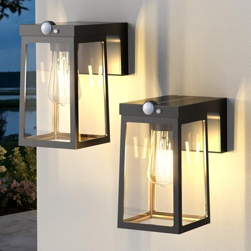 Greluna Solar Motion Sensor Lights Solar Lights with 2 Modes & Waterproof Dusk to Dawn Glass Outdoor Wall Lights for Entryway Exterior Front Porch Patio Fence Lantern (2 Pack)