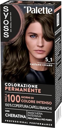 Syoss by Palette Colorazione Permanente 5-1 Castano Chiaro, Colorazione capelli permanente con Cheratina, per 100% copertura dei capelli bianchi e fino a 100 giorni di colore intenso
