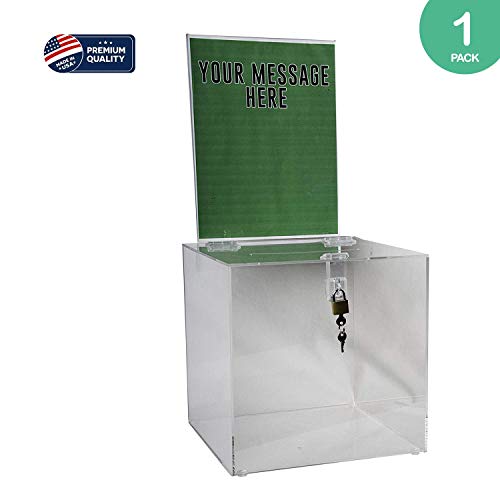 Clear-Ad - SBB-1010-H - Acrylic Donation Box with Lock and Sign Holder - Plastic Countertop Container for Voting, Charity, Ballot, Survey, Raffle, Contest, Suggestions, Tips, Comments (10x10 Clear)