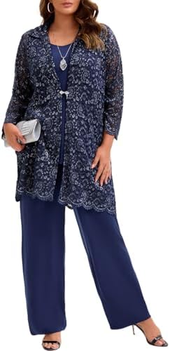 Plus Size Mother of The Bride 3 Piece Lace Pant Suit Set Formal W...