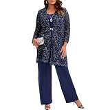 Plus Size Mother of The Bride 3 Piece Lace Pant Suit Set Formal Wedding Guest Attire for Weddings Evening Party Occasions Blue